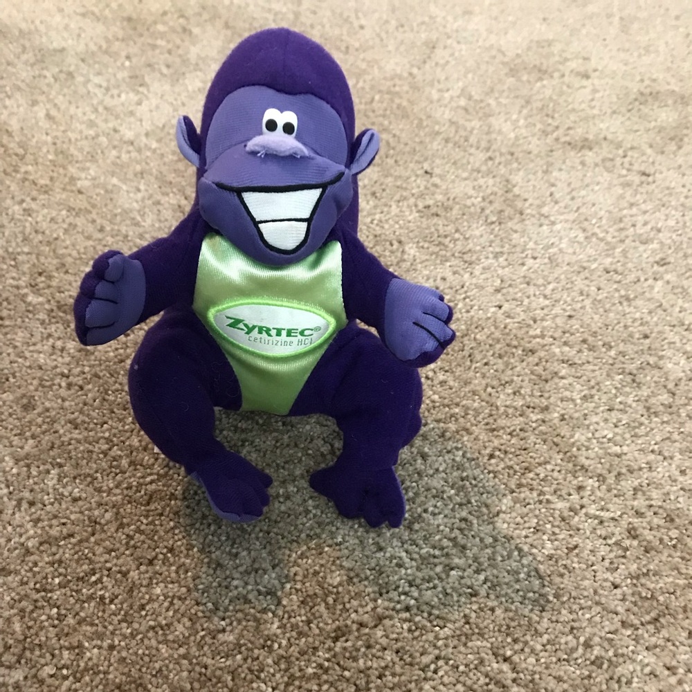 Zyrtec purple monkey bean bag plush stuffed animal 7”